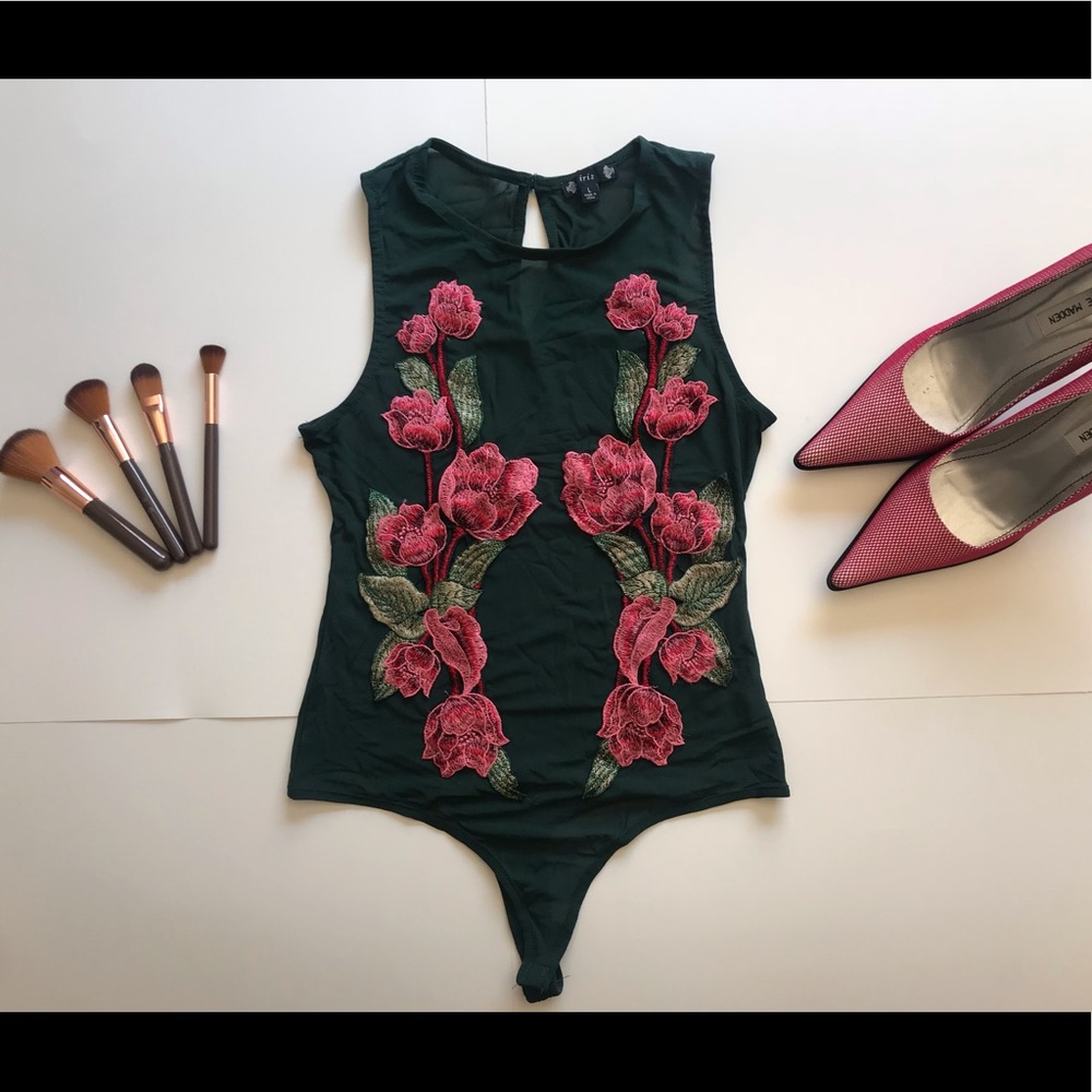 Sexy Mesh Green Floral Bodysuit
